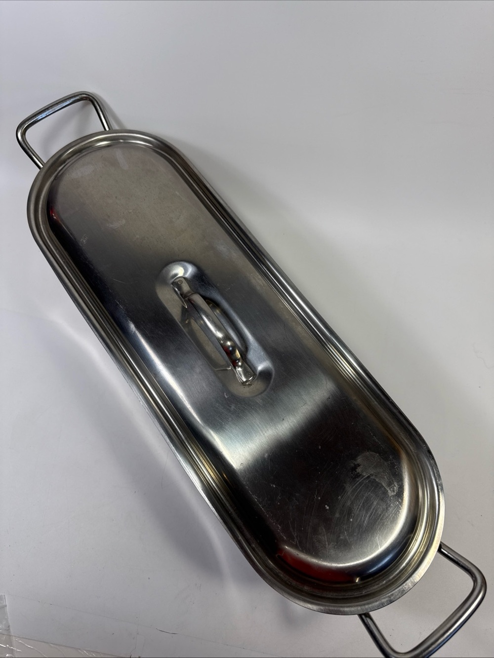 Vtg Inox Italy 3 piece Stainless Steel Long Fish Poacher with Lid and rack